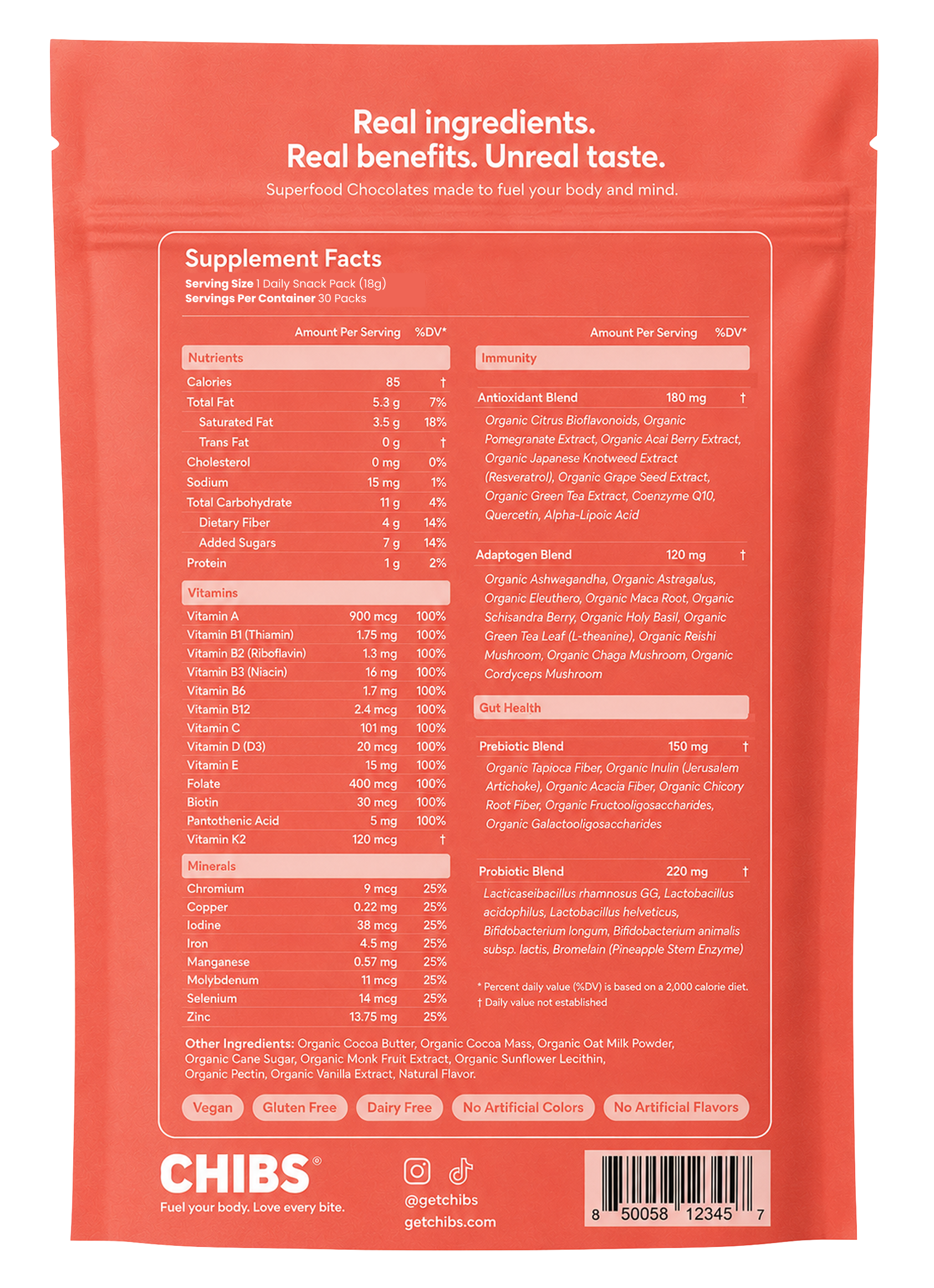 CHIBS Superfood Chocolates bag, back view