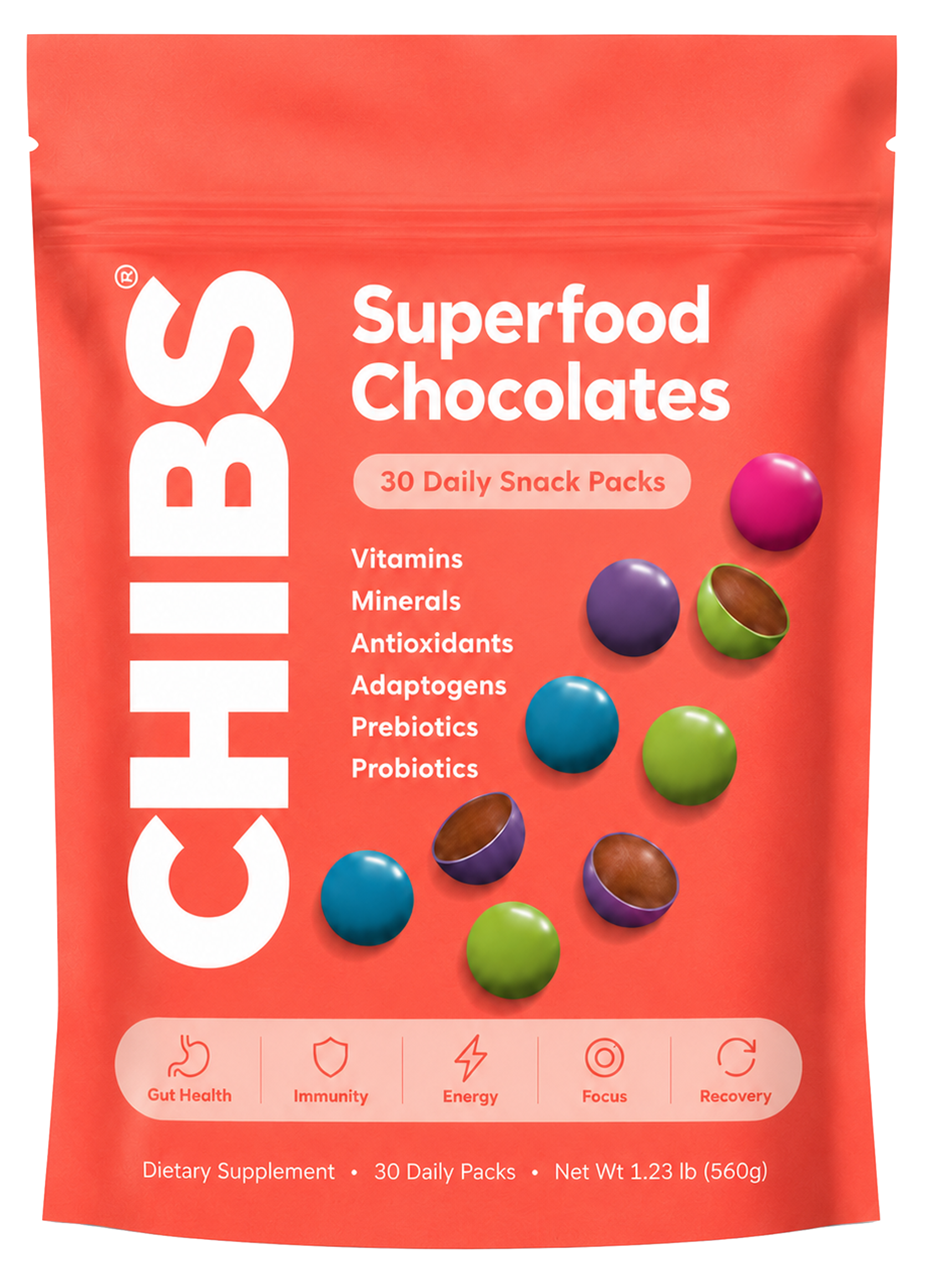 CHIBS Superfood Chocolates bag, front view
